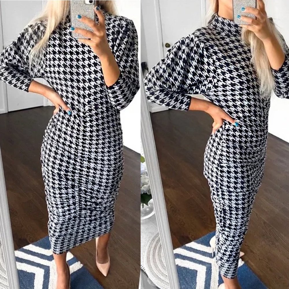 ZARA Black & White Houndstooth Jacquard Draped Wiggle Knit Midi Dress NWT Size S